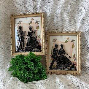 A Pair of Bubble Glass Reverse Painted Courting Couple Wood Framed Silhouettes